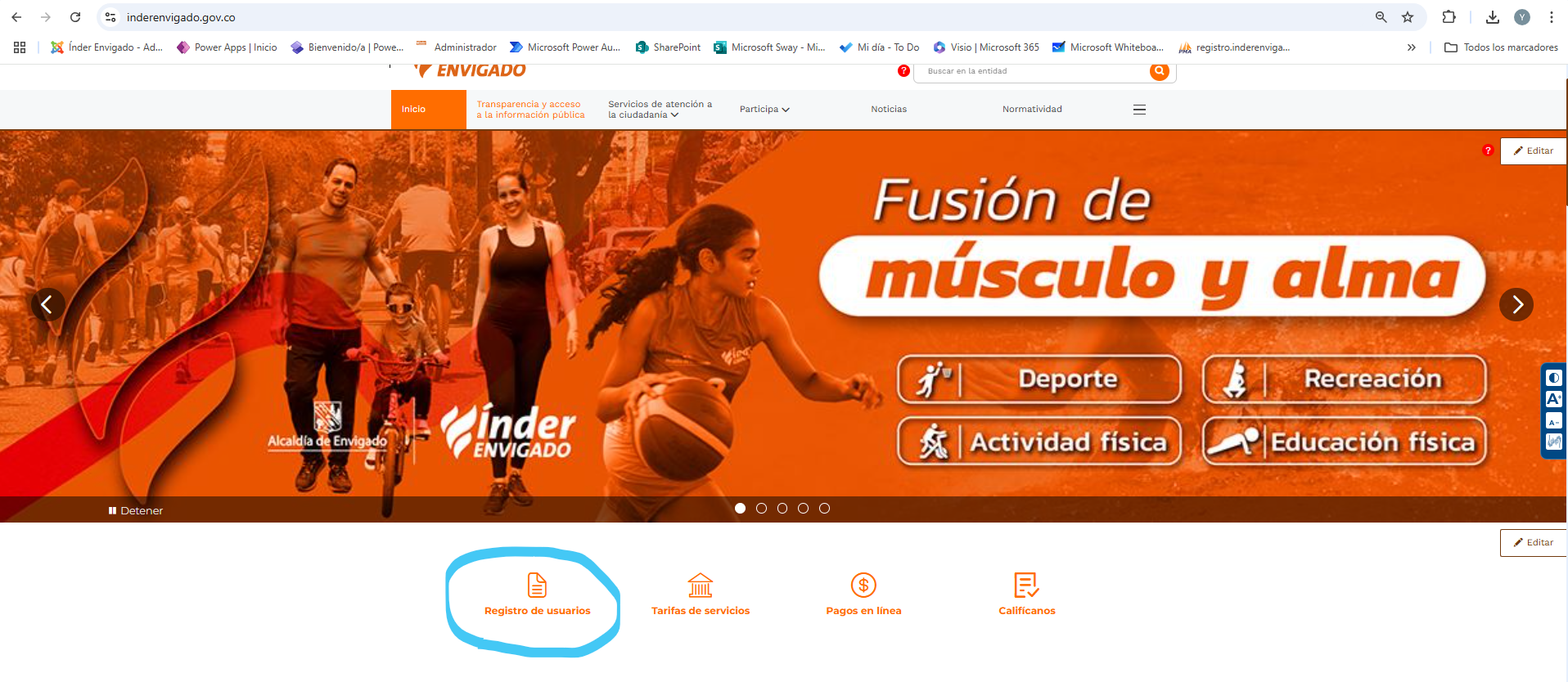 Captura de pantalla del sitio web de INDER Envigado