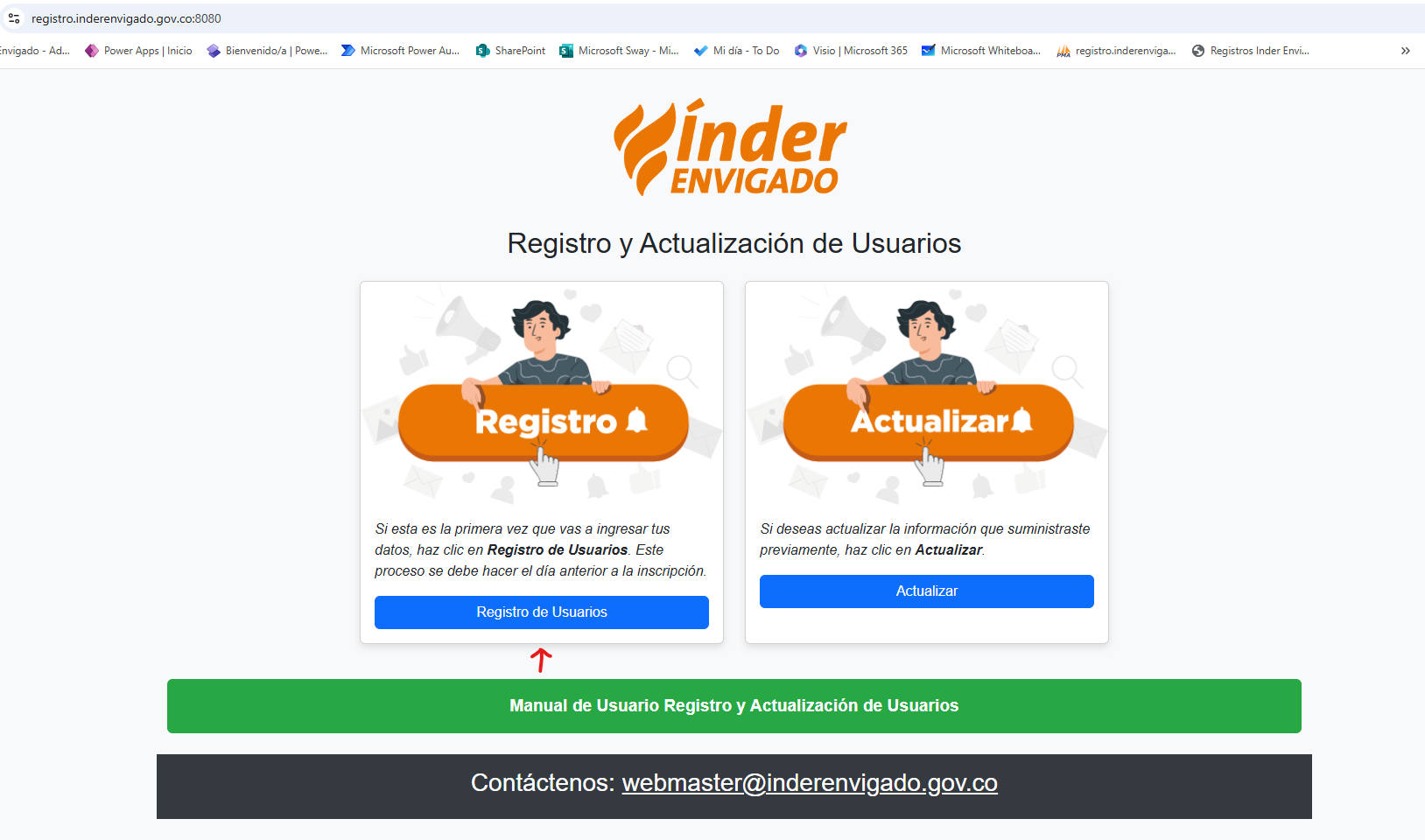 Captura de pantalla del sitio web de INDER Envigado